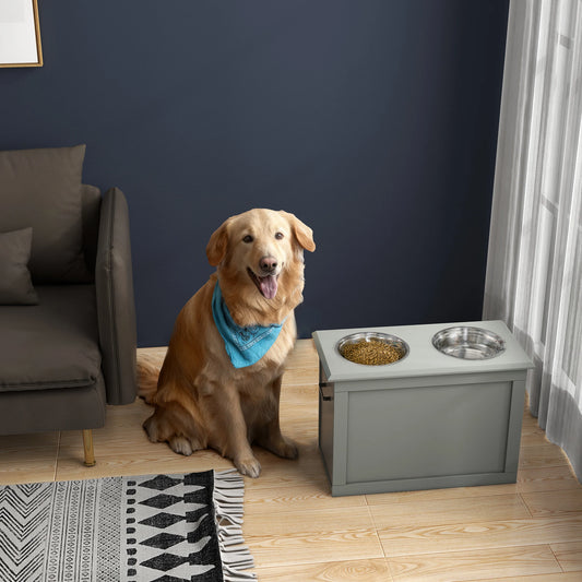 PawHut Mangeoire Surélevée pour Grand Chien – 2 Bols Inox 2 × 2000 ml – Couvercle Rabattable & Rangement Caché – Gris