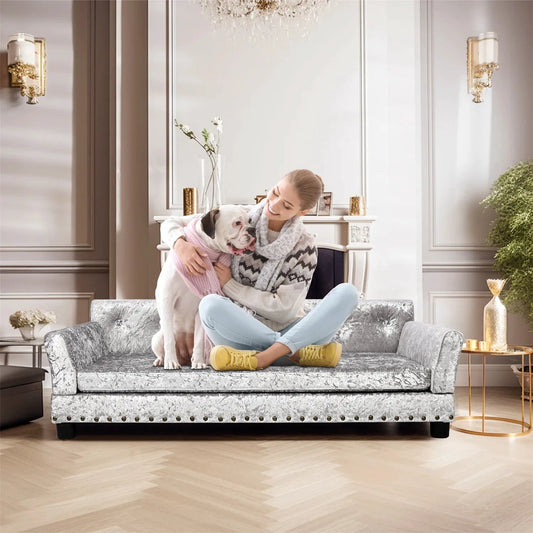 BingoPaw Grand canapé-lit en velours argenté pour chien, mousse mémoire, lit orthopédique Petoloo