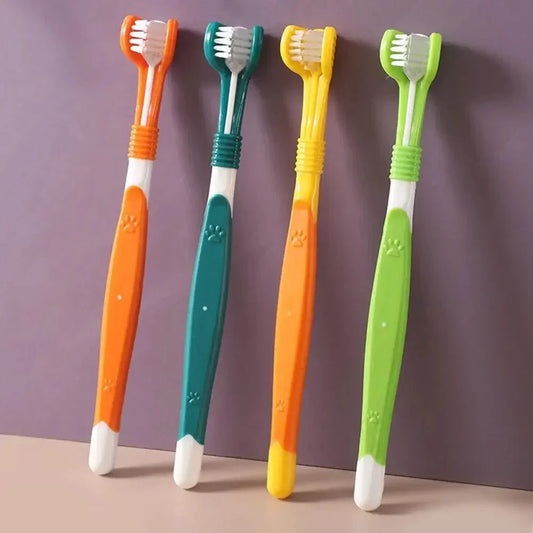 Brosse à dents à trois faces pour chiens et chats, ensemble de 4 brosses à manches colorées