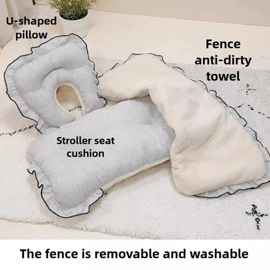 Confort Premium Poussette Chien 3 Pièces: coussin siège gris rayé, oreiller en U, et serviette amovible lavable