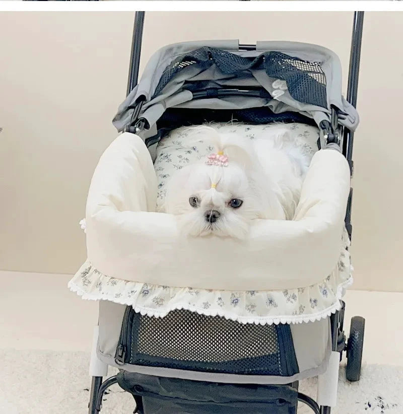 Confort Premium Poussette Chien 3 Pièces gris avec housse blanche à dentelle