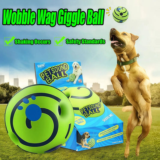 Wobble Wag Giggle Glow Ball dog toy, bright green ball with blue swirl pattern and Petsound Ball packaging in background