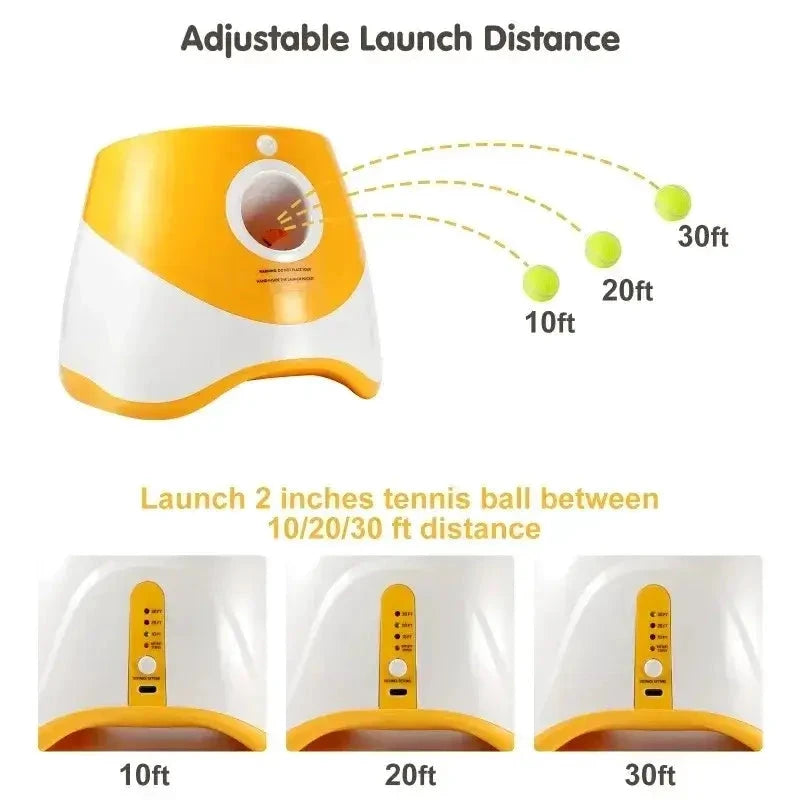 Montoutou-shop.com automatic dog ball launcher in yellow and white with adjustable 10/20/30 ft distance