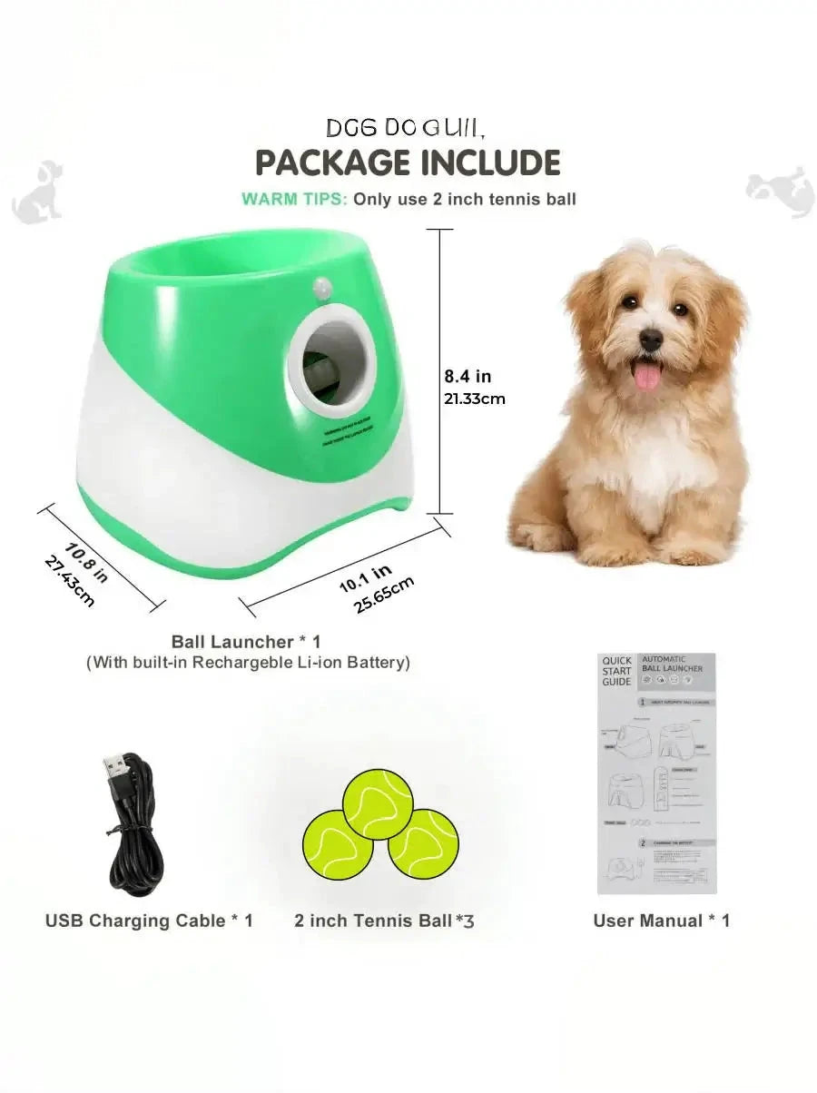 Ball Launcher for Dogs by Montoutou-shop.com, green and white automatic tennis-ball thrower with USB charging and 3 2-inch tennis balls