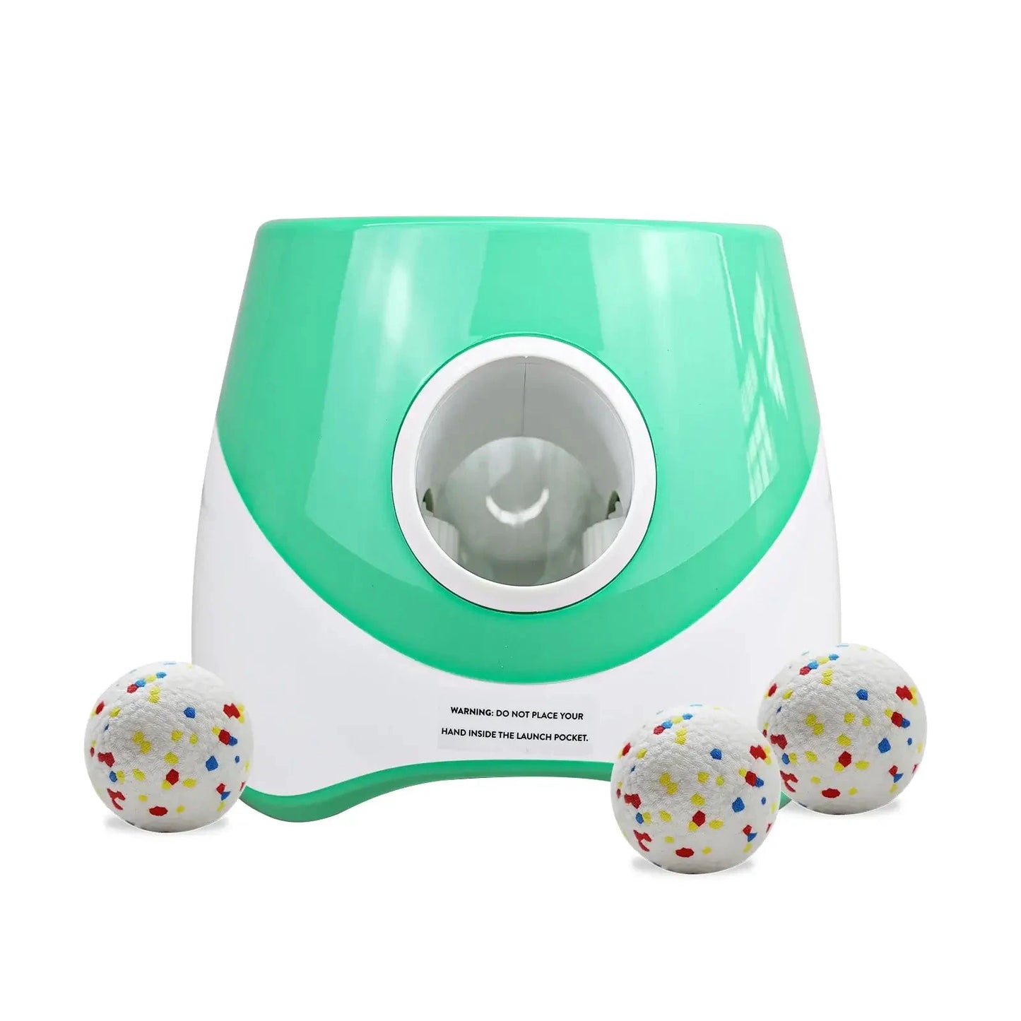 Automatic dog ball launcher with three colorful balls, green and white, Montoutou-shop.com