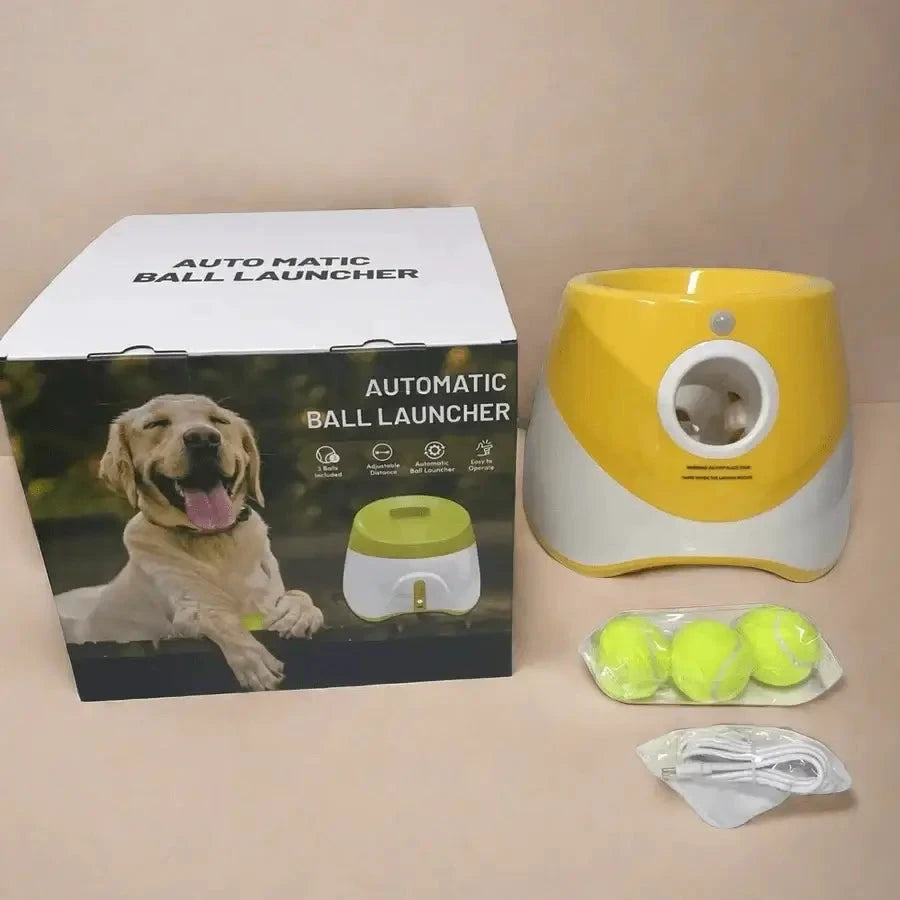 Lanceur automatique de balle pour chien Fatiguez – jaune et blanc, livré avec 4 balles et câble USB, Montoutou-shop