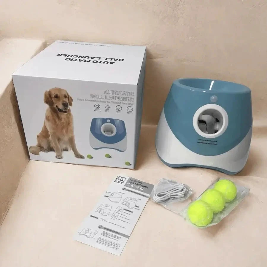 Automatic Ball Launcher for Dogs Montoutou-shop blue and gray with three yellow tennis balls