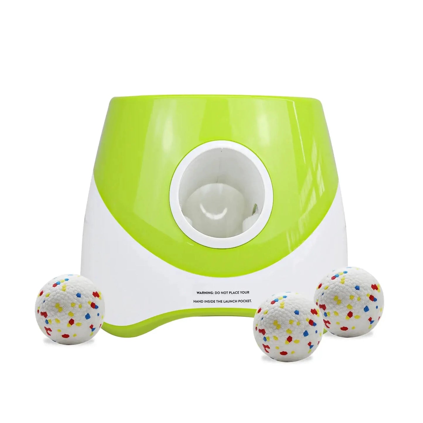 Automatic dog ball launcher by Montoutou-shop, lime green and white, with 3 speckled balls
