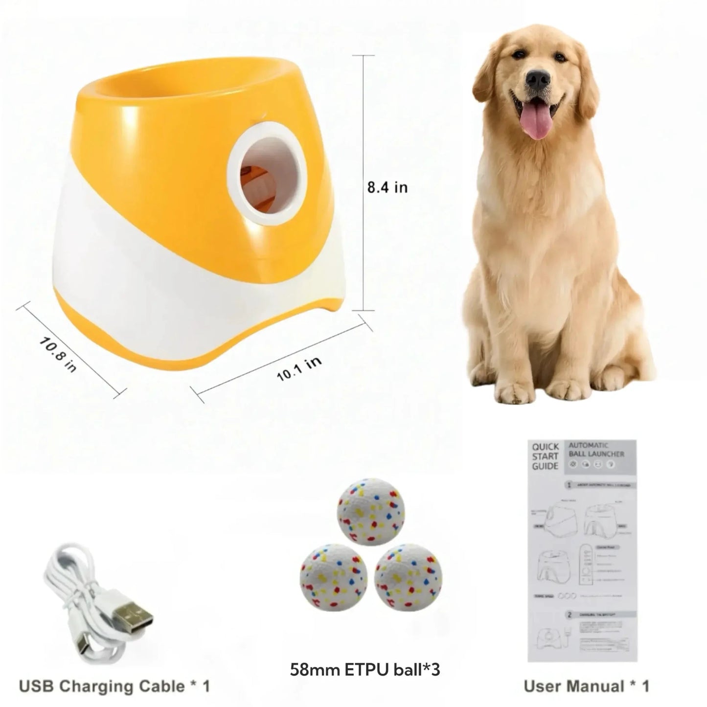 Lanceur automatique de balle pour chien Montoutou-shop.com, jaune et blanc, 3 balles 58mm ETPU, câble USB et manuel