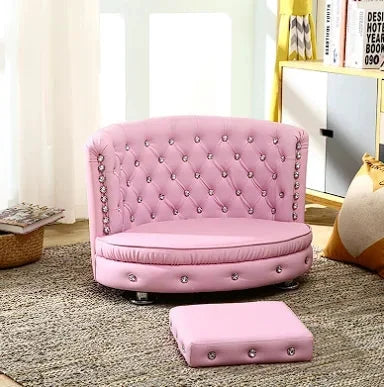 Lit canapé en cuir rose pour chiens et chats, style princesse diamant, tufté avec boutons décoratifs, coussin assorti