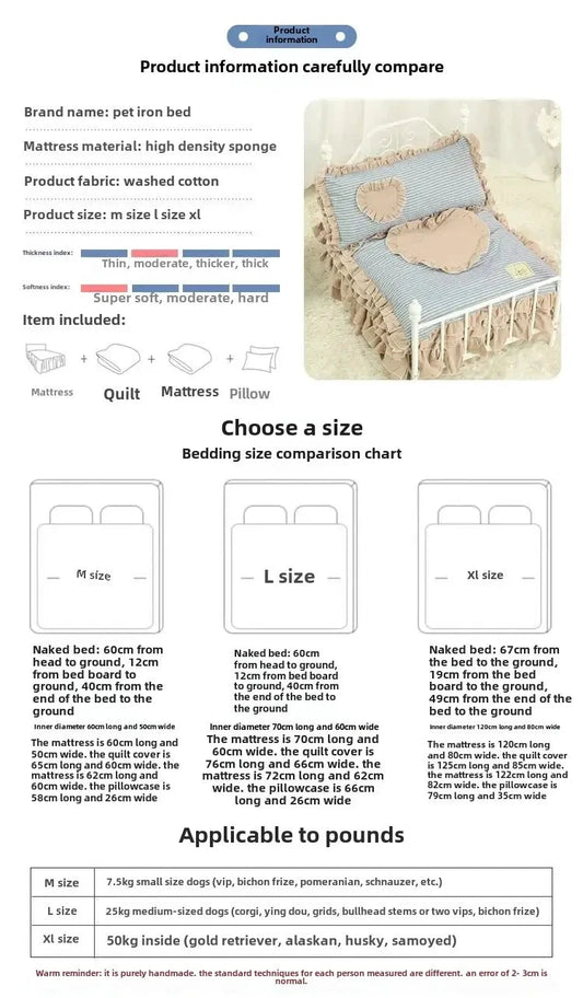 Petoloo princess iron bed for pets, white wrought-iron frame with heart details and blue bedding with beige ruffles