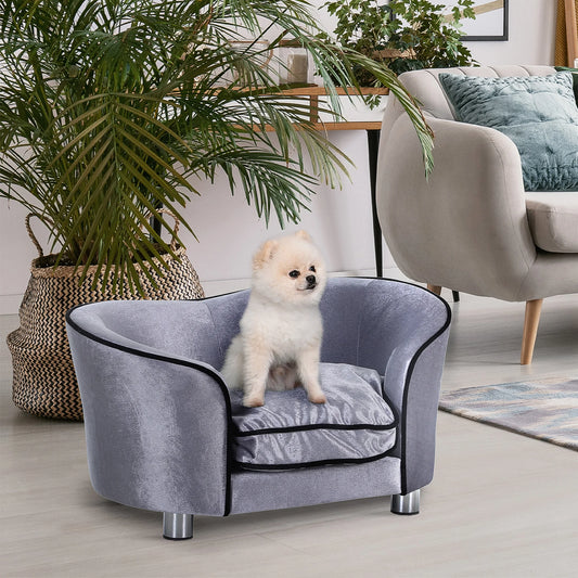 PawHut Canapé de Luxe pour Chien & Chat – Lit pour Animaux avec Oreillers – Gris Clair